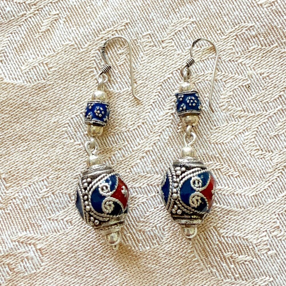 Vintage Sterling Cloisonne dangle Earrings - Picture 4 of 12